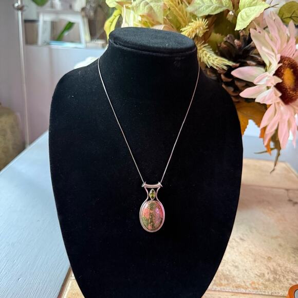 Sajen 925 Sterling Silver Unakite & Peridot Stone Pendant Necklace - Picture 5 of 11